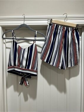 Striped Two-Piece Crop Top & Shorts Set in Navy, Red & White
